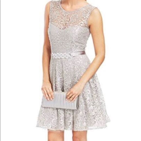 Betsy & Adam Illusion V-Back Belted Metallic Dress - Picture 1 of 14